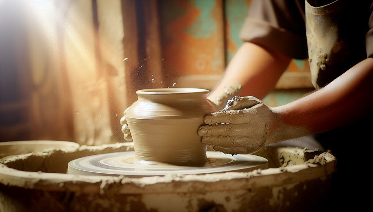 Artisan sculptant de l'argile dans un atelier, mains créatives au travail