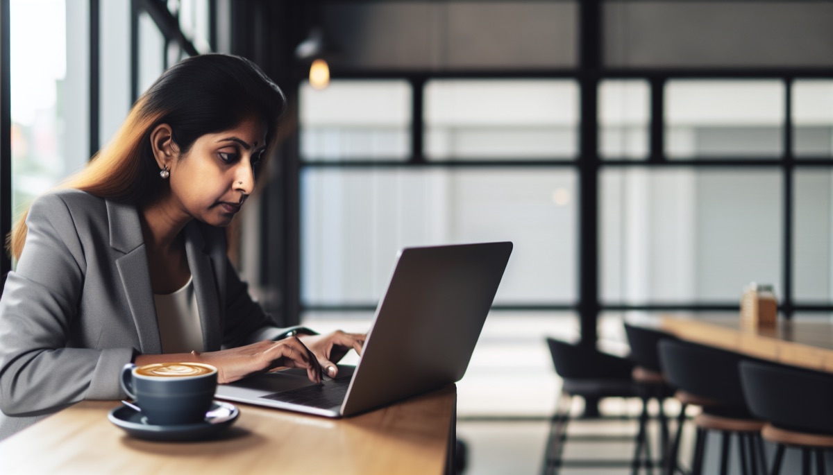 Auto-entrepreneur travaillant sur son laptop dans un cafe pour developper sa presence en ligne