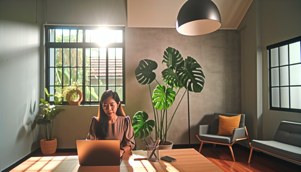 Freelance travaillant sur un ordinateur portable à la maison avec des plantes