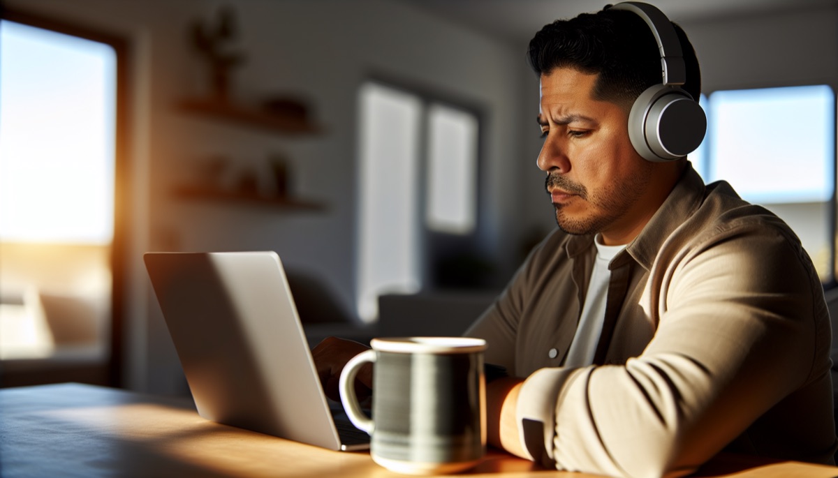 Auto-entrepreneur concentré travaillant sur son ordinateur portable avec un café