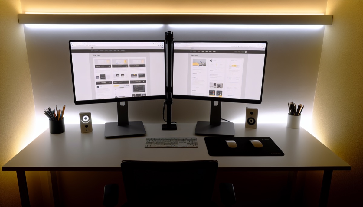 Espace de travail professionnel avec écrans et outils de développement web