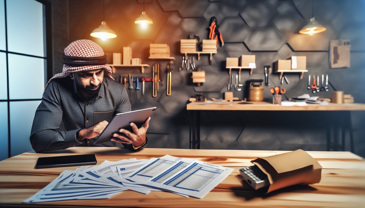 Professionnel consultant des documents et un ordinateur pour gerer ses devis en ligne