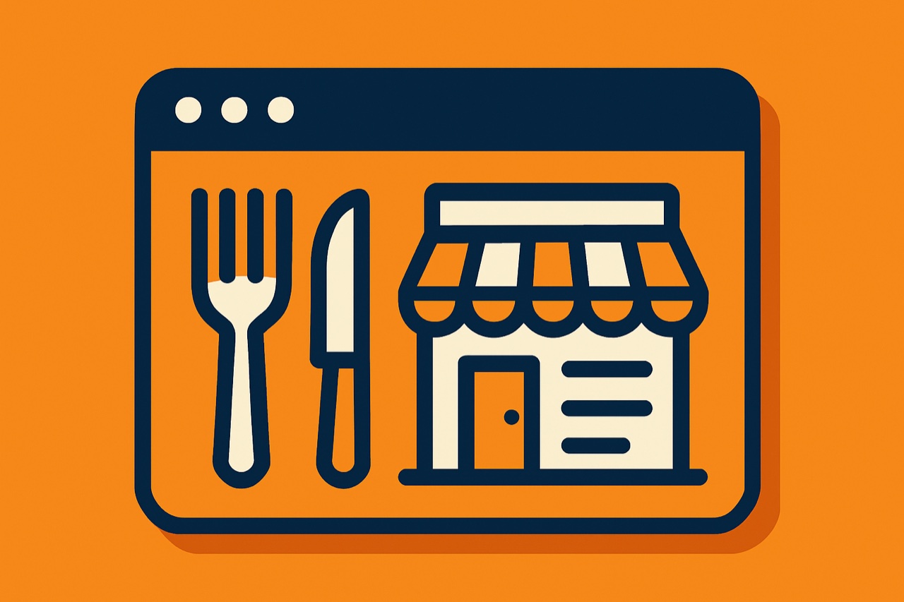 Ilustración de una página web de restaurante en móvil con la carta del menú y un botón de reservas online