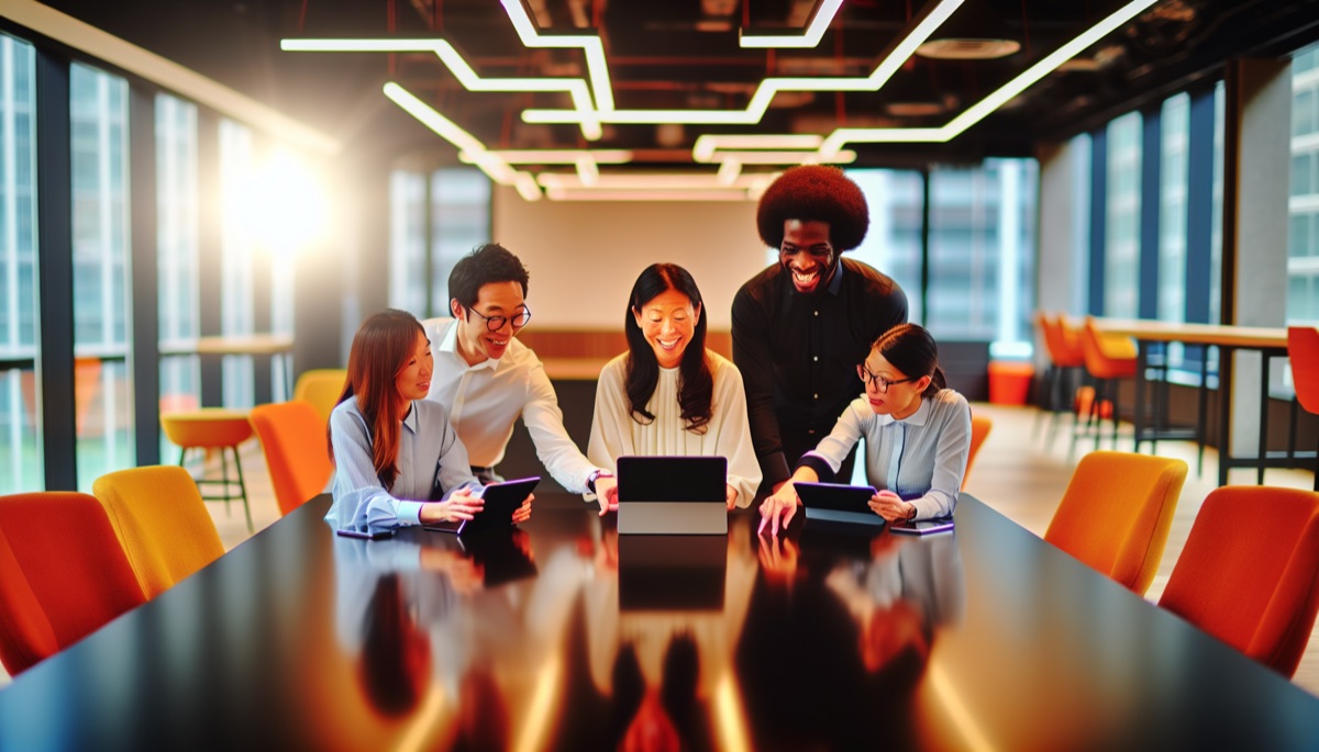 Equipe professionnelle travaillant sur des projets numeriques autour d'une table
