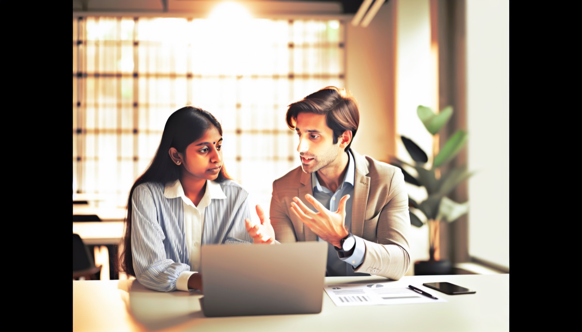 Two adults discussing work at home, using a laptop and enjoying coffee.