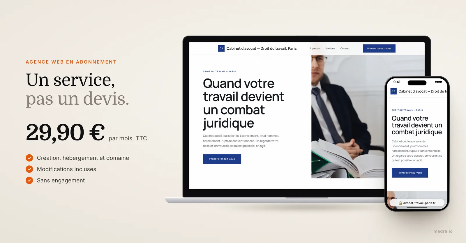 Site d'avocat créé par madra sur ordinateur et iPhone : agence web en abonnement à 29,90 € par mois