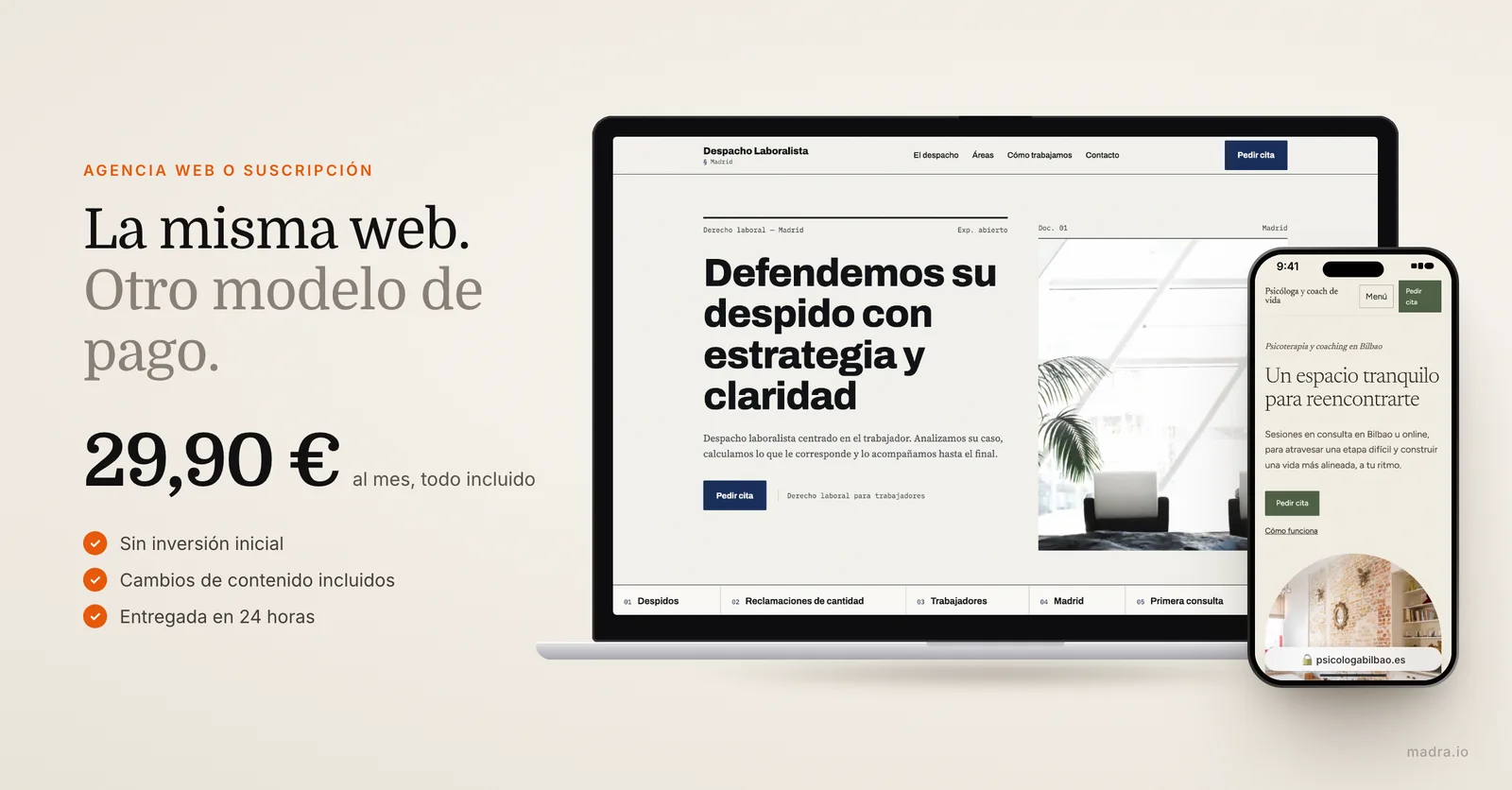 Web de abogado en portátil y web de psicóloga en iPhone, por suscripción a 29,90 €/mes en vez de pagar una agencia