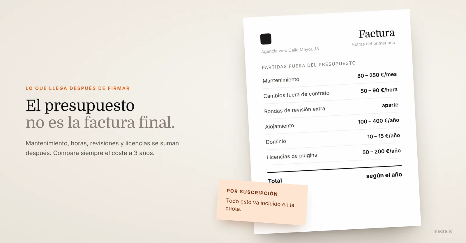 Factura de agencia web con los extras del primer año: mantenimiento, horas, revisiones, alojamiento, dominio y licencias