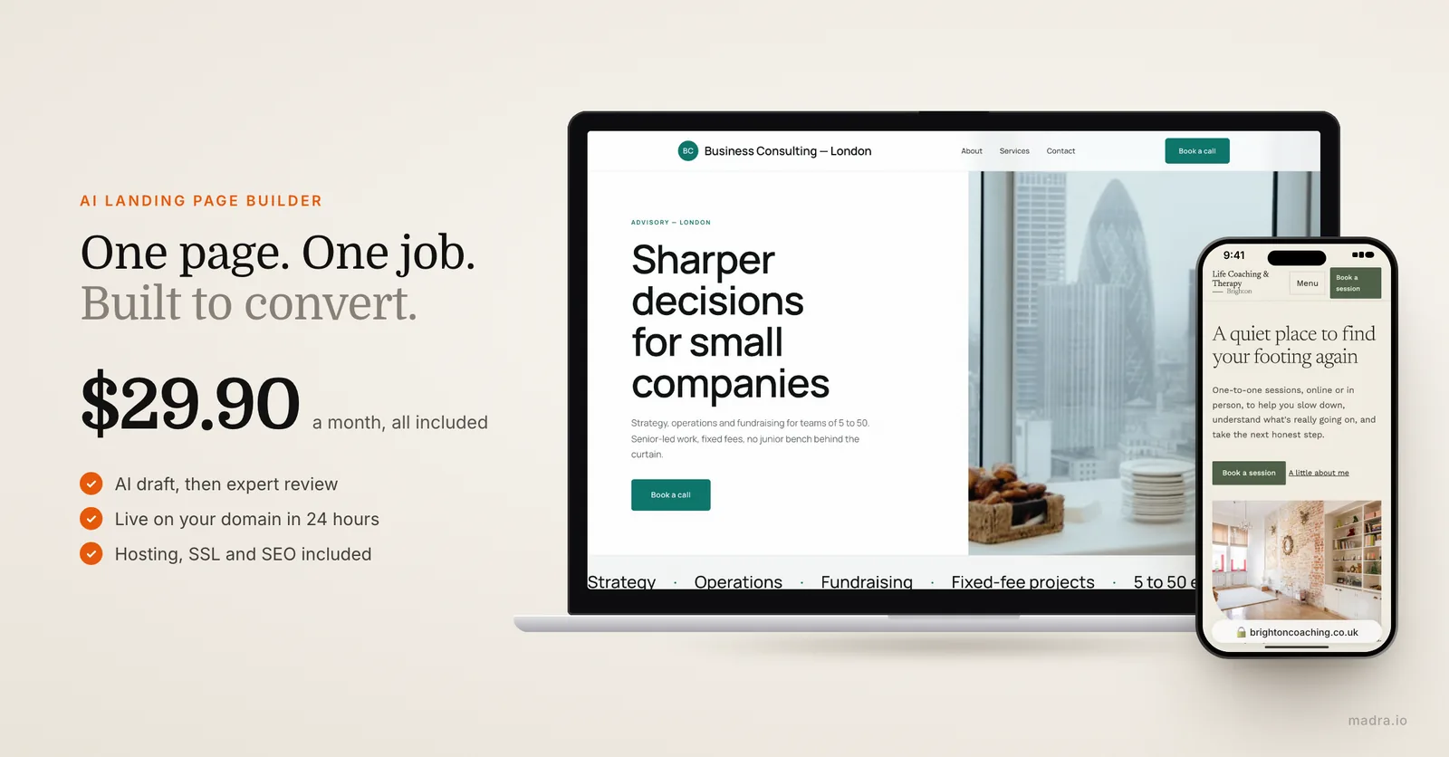 Consultant landing page with a "Book a call" button on laptop and a coaching page on iPhone, by Madra from $29.90/month