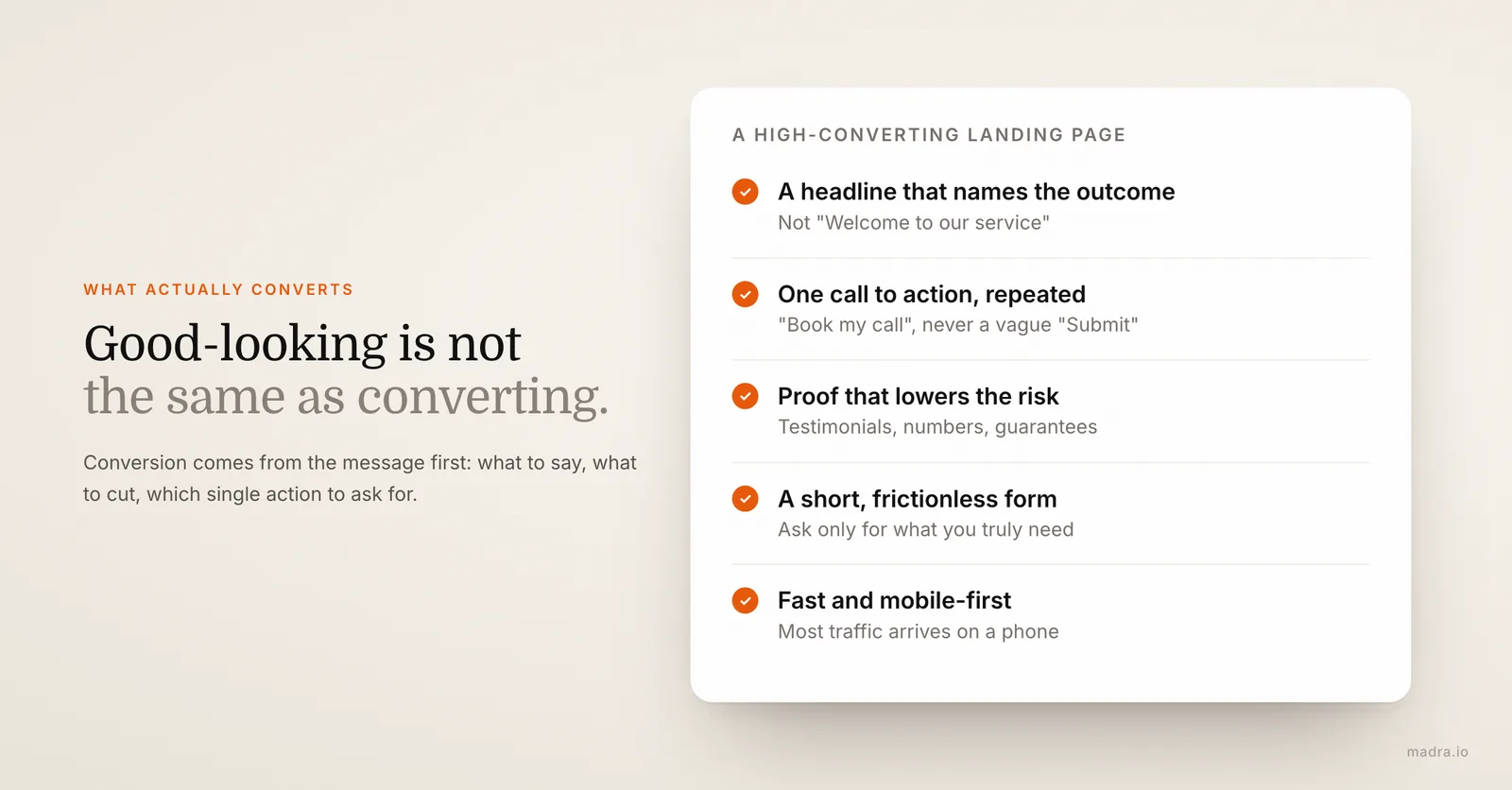 Checklist of a high-converting landing page: outcome headline, single call to action, proof, short form, mobile-first layout
