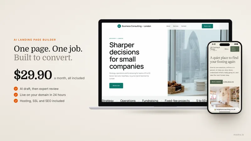 A clean landing page mockup with a headline and a prominent call to action button