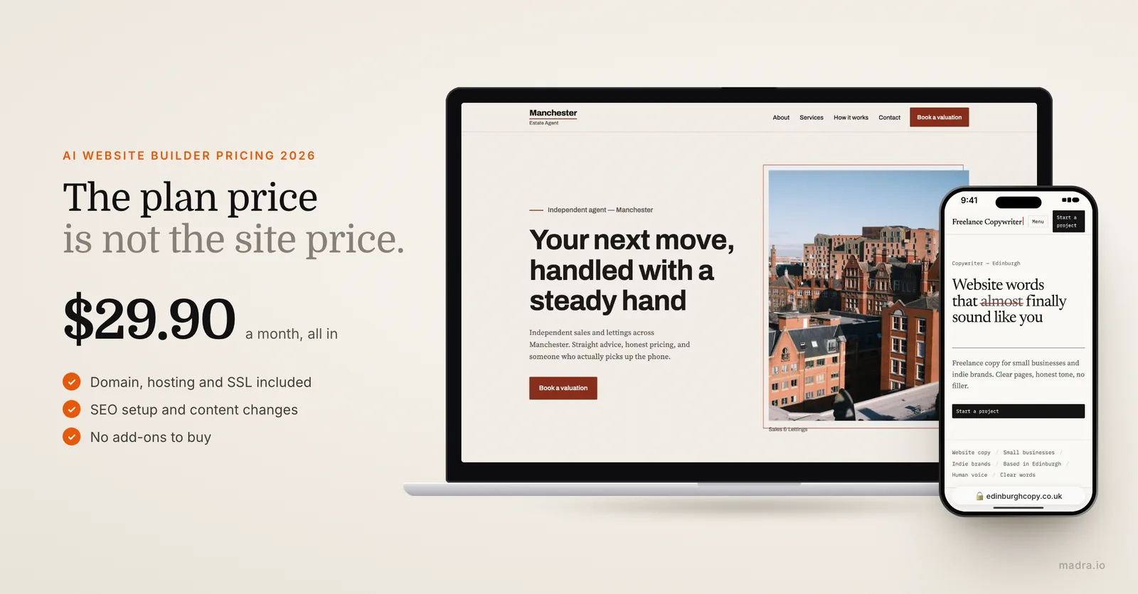 Estate agent website on a laptop and copywriter site on iPhone, illustrating the real cost of an AI website builder in 2026