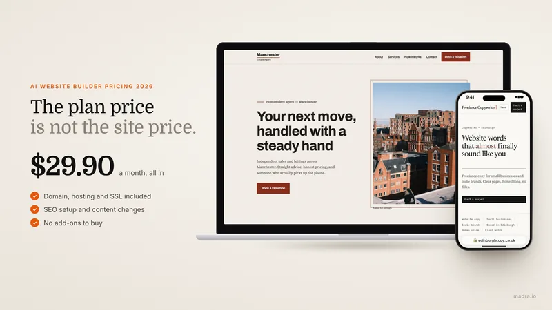 Calculator and pricing grid of AI website builders