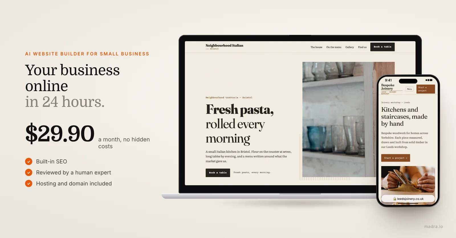 Bristol restaurant website on a laptop and a Leeds joiner's site on iPhone, built with an AI website builder