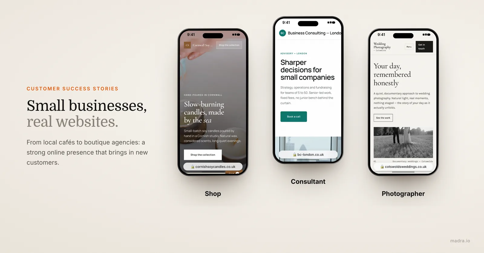Three small business websites on iPhone made with Madra: a candle shop, a London consultant and a Cotswolds photographer