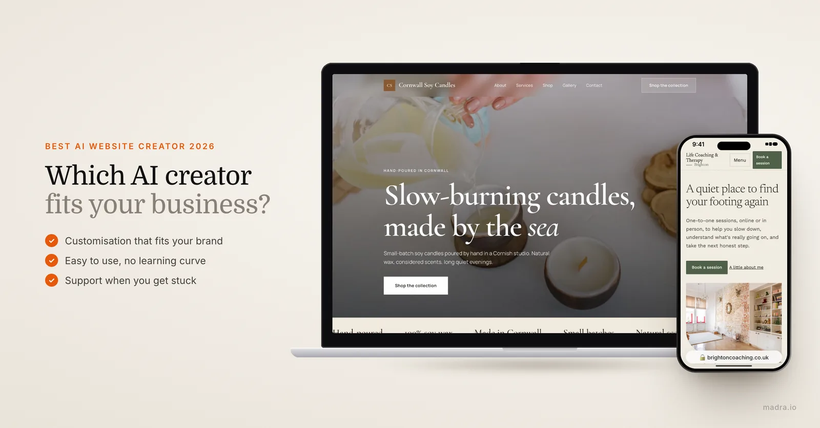 Cornish candle shop website on a laptop and Brighton coach site on iPhone, compared in the best AI website creators of 2026