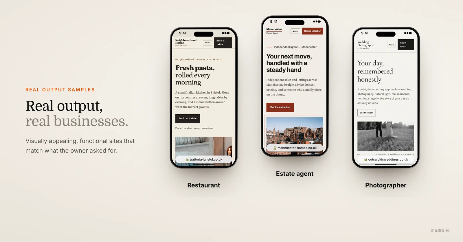 Real AI website creator output on iPhone: an Italian restaurant, an estate agent and a wedding photographer site