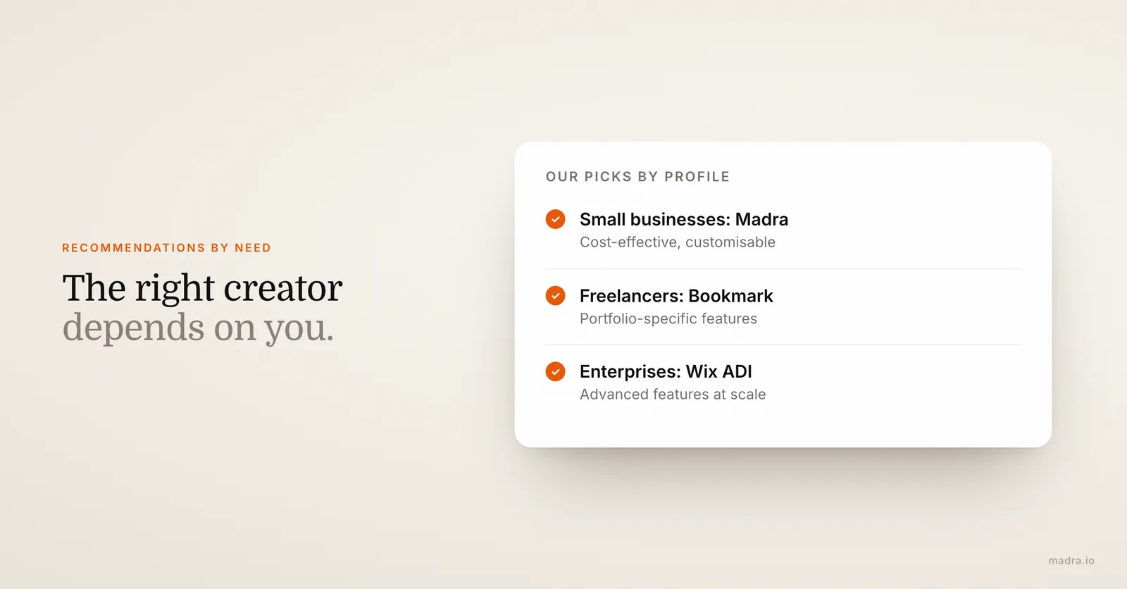 Best AI website creator by profile: Madra for small businesses, Bookmark for freelancers, Wix ADI for enterprises