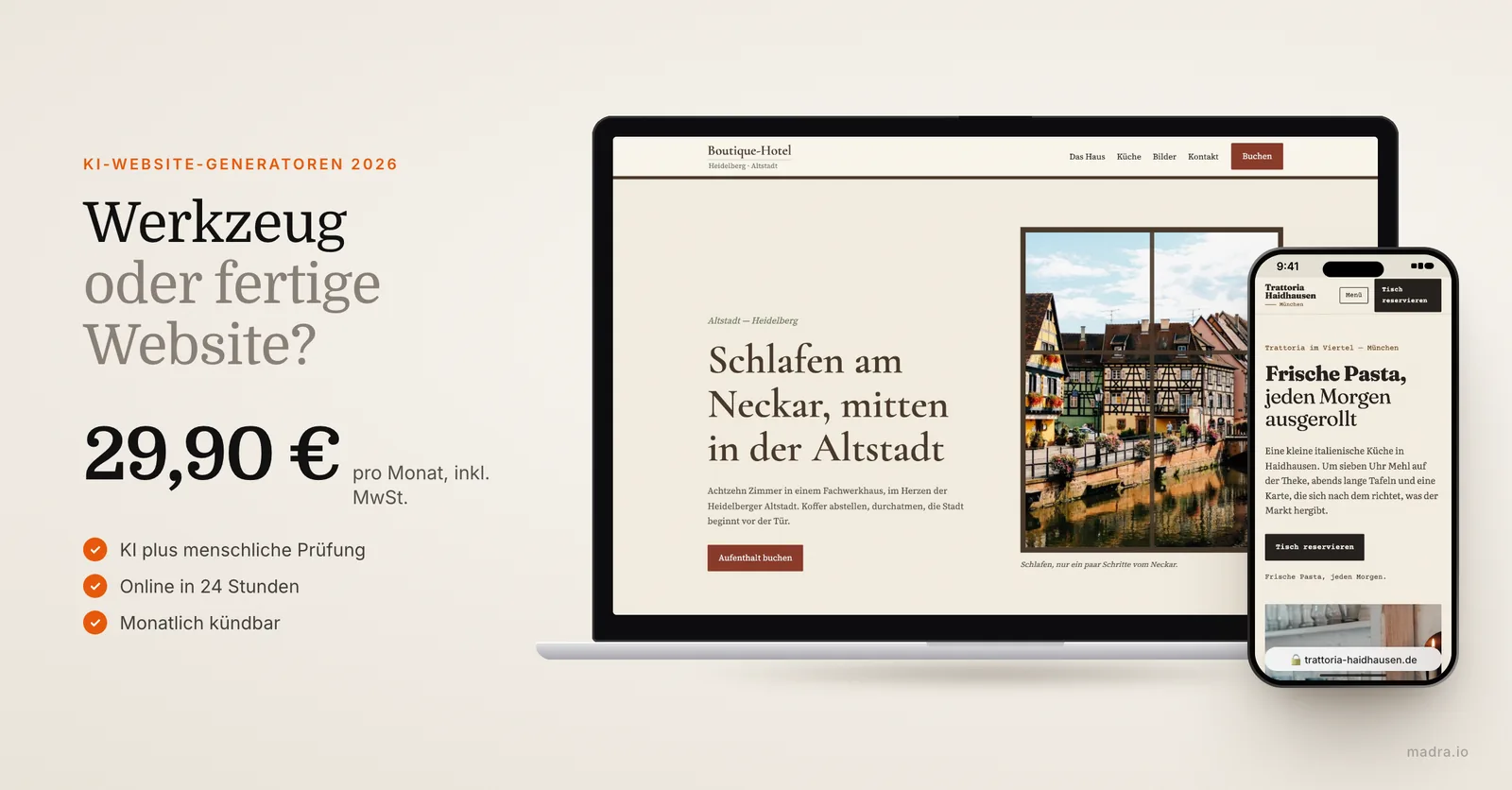 Website eines Hotels in Heidelberg auf dem Laptop und einer Trattoria auf dem iPhone: KI-Website-Generatoren 2026