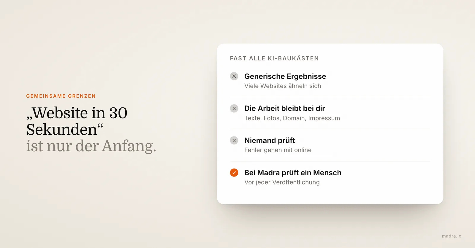 Drei Grenzen fast aller KI-Website-Generatoren: generische Ergebnisse, die Arbeit bleibt bei dir, niemand prüft