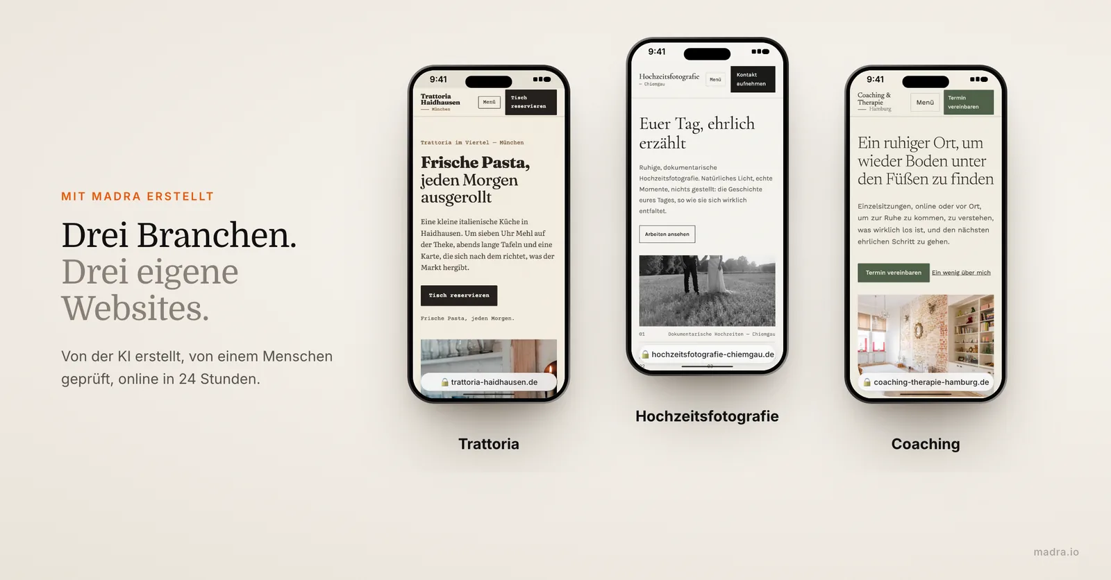 Drei mit KI erstellte Websites auf dem iPhone: Trattoria, Hochzeitsfotograf und Coaching