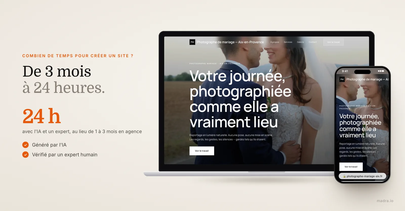 Site de photographe de mariage créé par madra sur ordinateur et iPhone : combien de temps pour créer un site internet