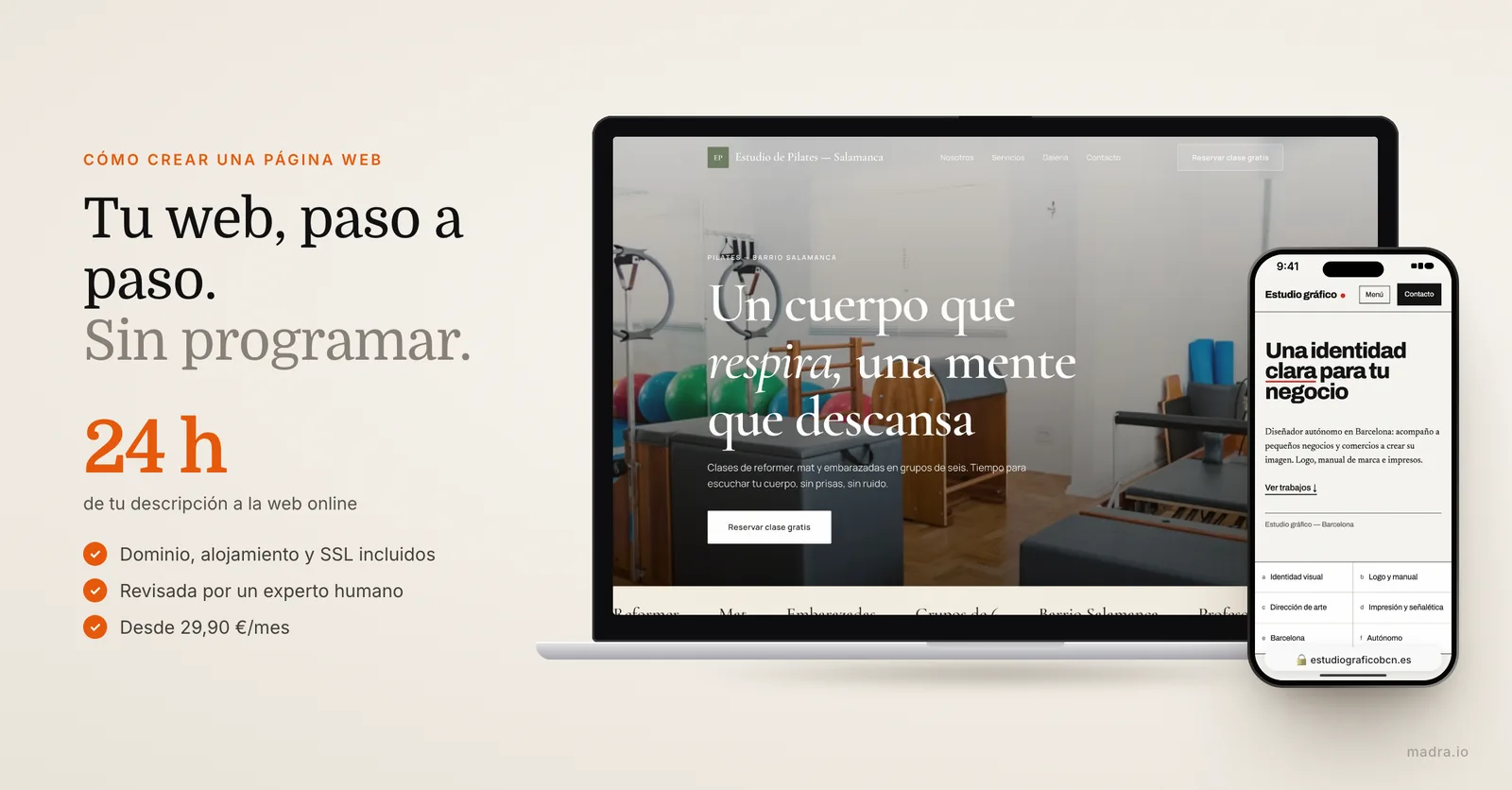 Web de un estudio de pilates en un portátil y web de un estudio de diseño en un iPhone, creadas paso a paso sin programar