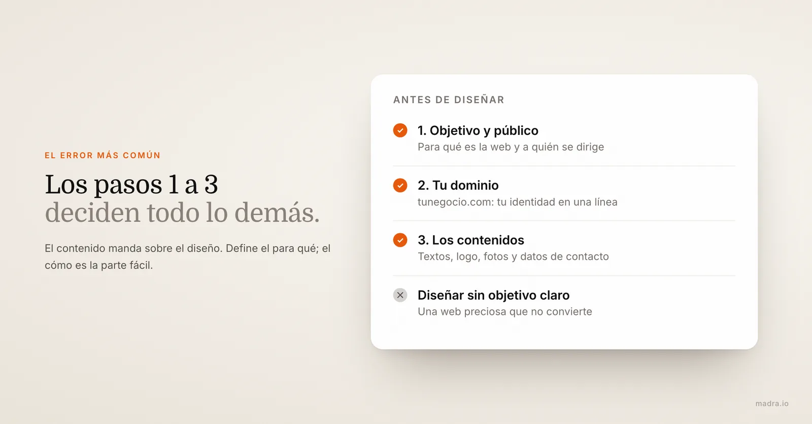 Lista de los tres primeros pasos para crear una página web: objetivo y público, dominio y contenidos, antes del diseño
