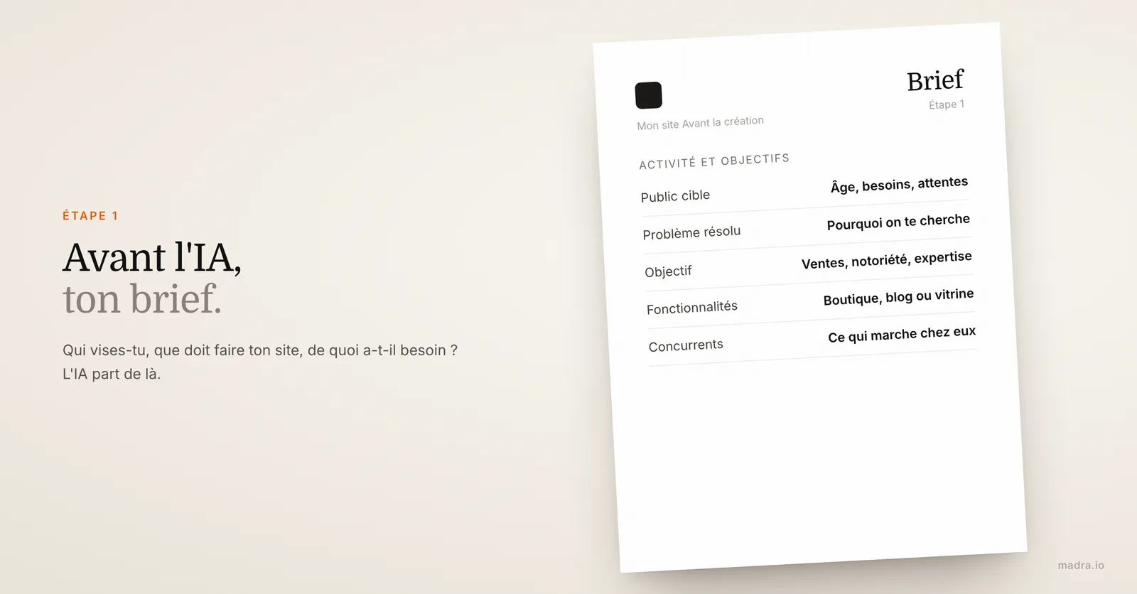 Brief d'un site web : activité, public cible, objectif et fonctionnalités essentielles, étape 1 avant de concevoir avec l'IA