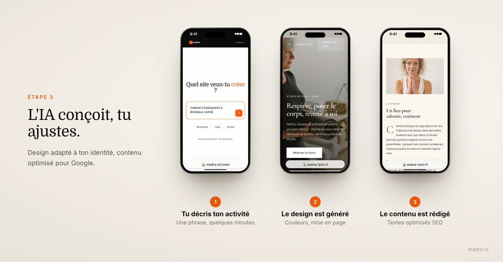 Conception d'un site de yoga avec l'IA sur iPhone : description de l'activité, design généré, contenu optimisé pour le SEO