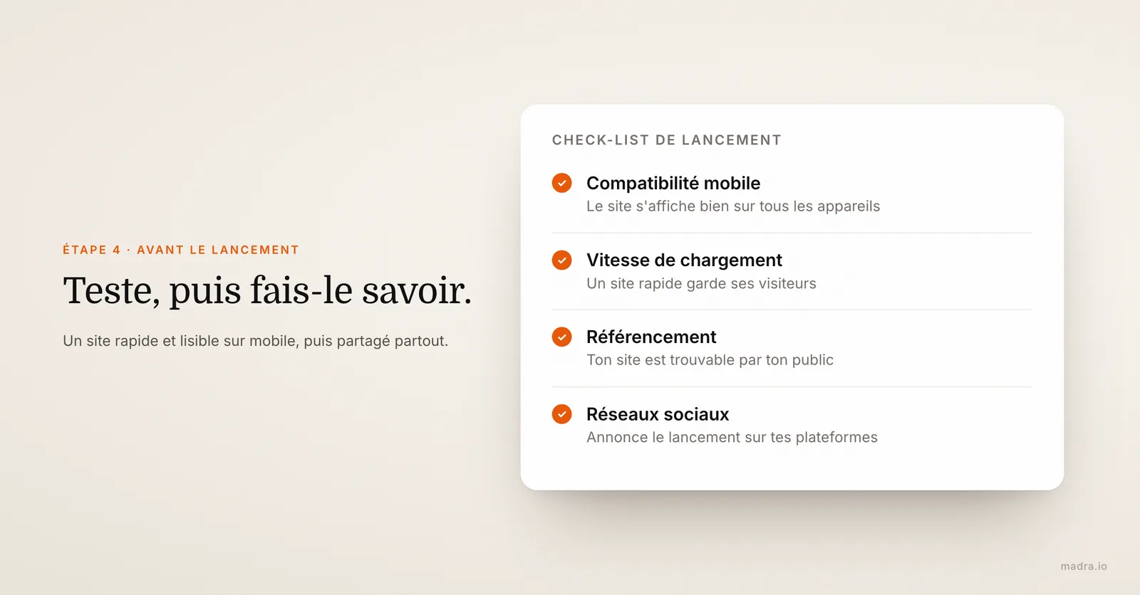 Check-list avant de lancer un site conçu avec l'IA : mobile, vitesse de chargement, SEO, réseaux sociaux