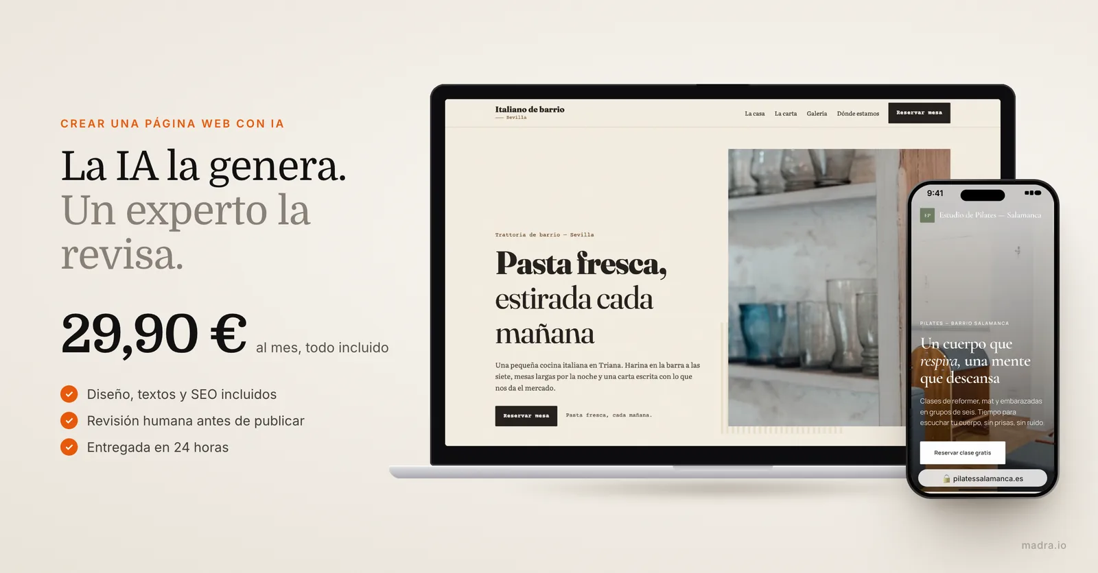 Web de una trattoria en un portátil y web de un estudio de pilates en un iPhone, creadas con IA y revisadas por un experto
