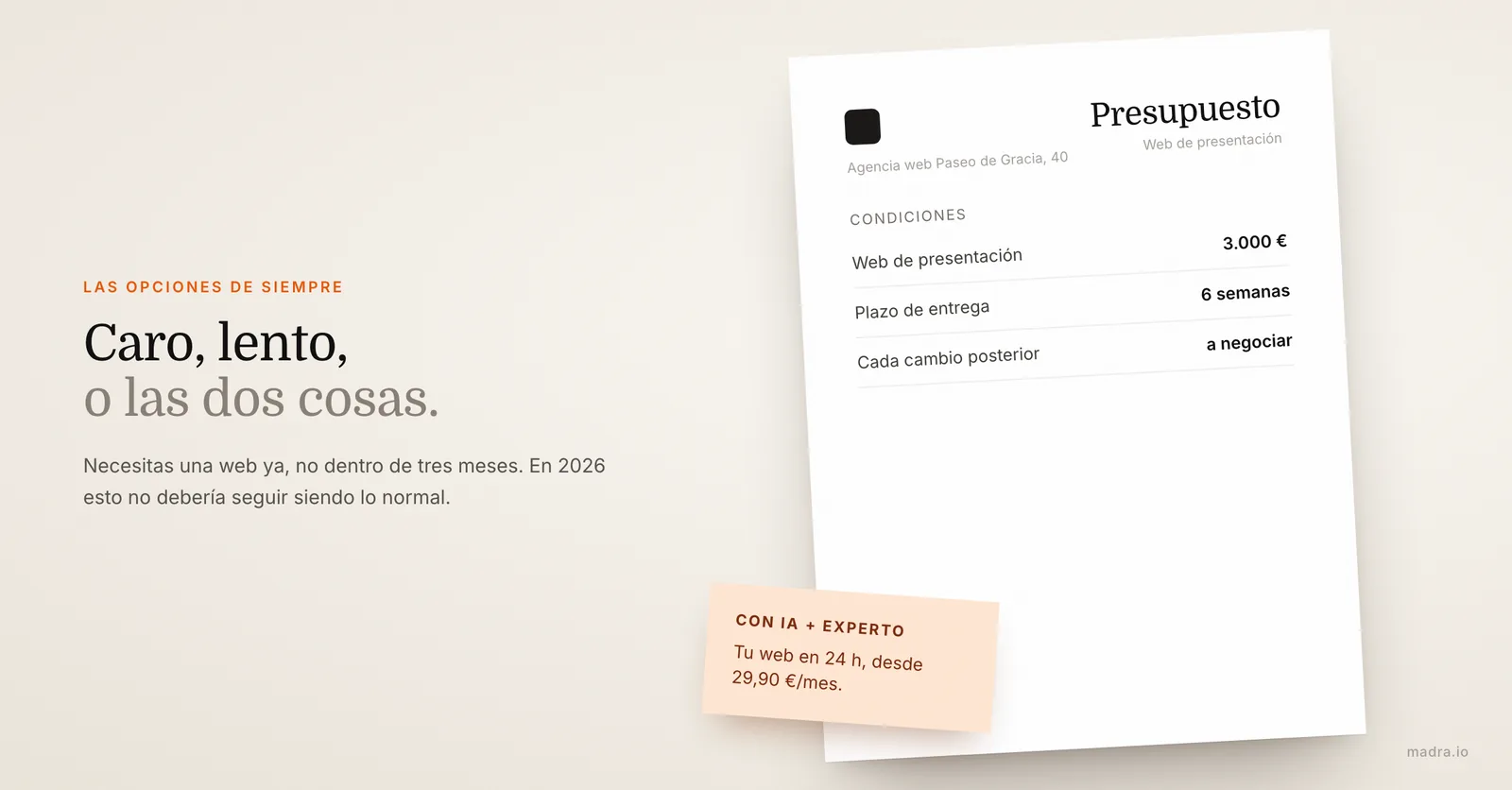 Presupuesto de agencia para una web de presentación: 3.000 euros, 6 semanas de plazo y cambios posteriores a negociar