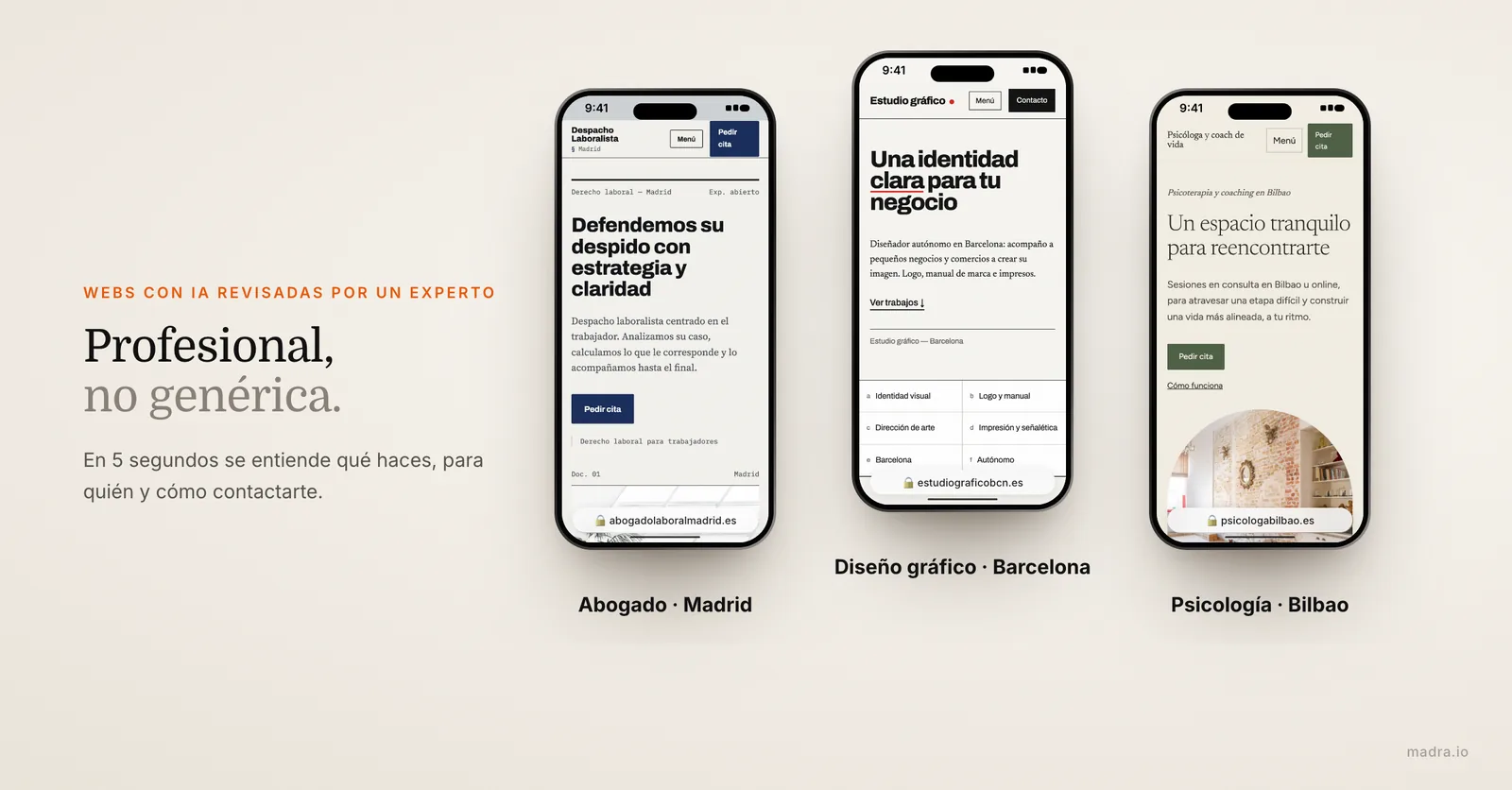 Tres webs profesionales creadas con IA y revisadas por un experto, en iPhone: abogado, estudio de diseño y psicóloga