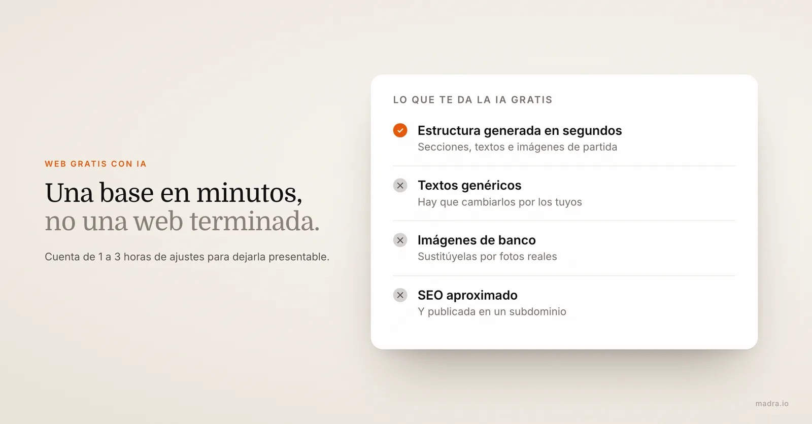 Lo que da una web gratis creada con IA: estructura en segundos, pero textos genéricos, imágenes de banco y SEO aproximado