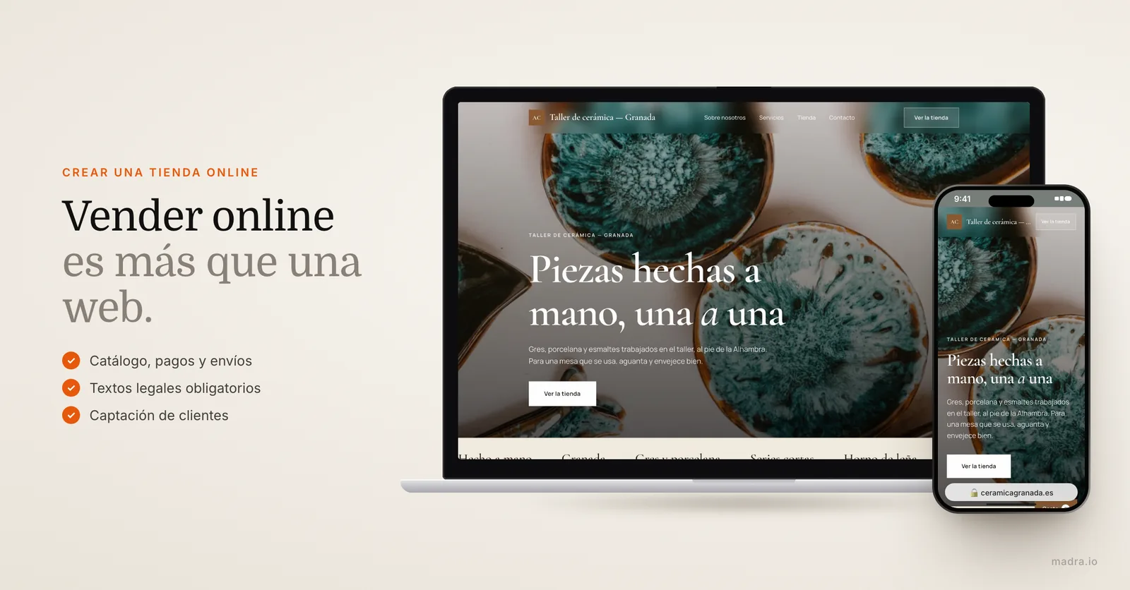 Tienda online de cerámica artesanal de Granada en un portátil y en un iPhone, guía para crear una tienda online