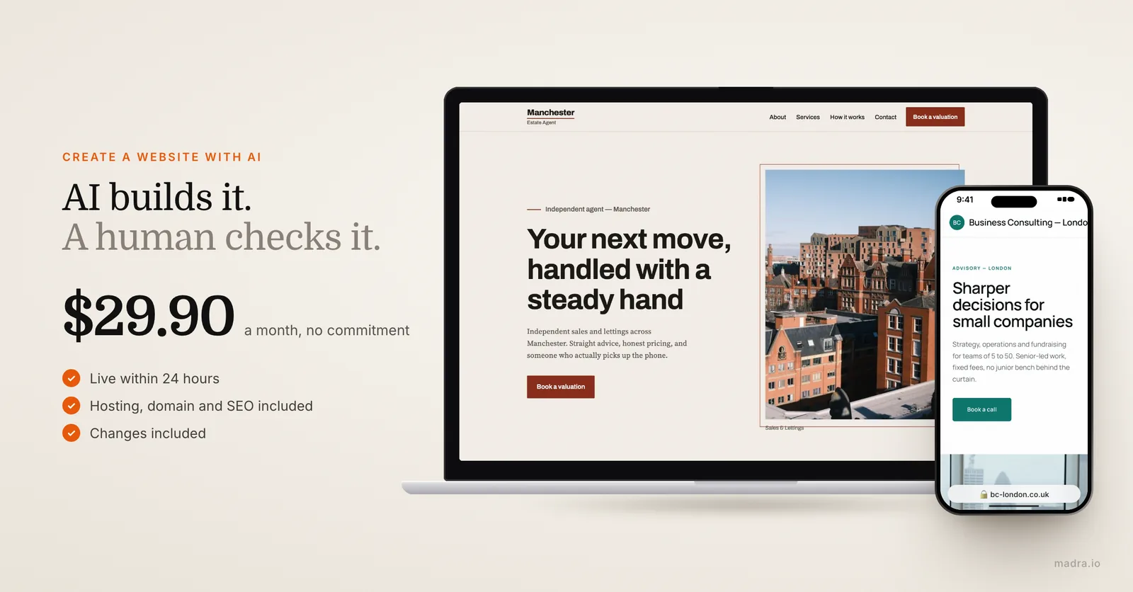 Manchester estate agent website on a laptop and London consultant site on iPhone, created with AI and checked by a human