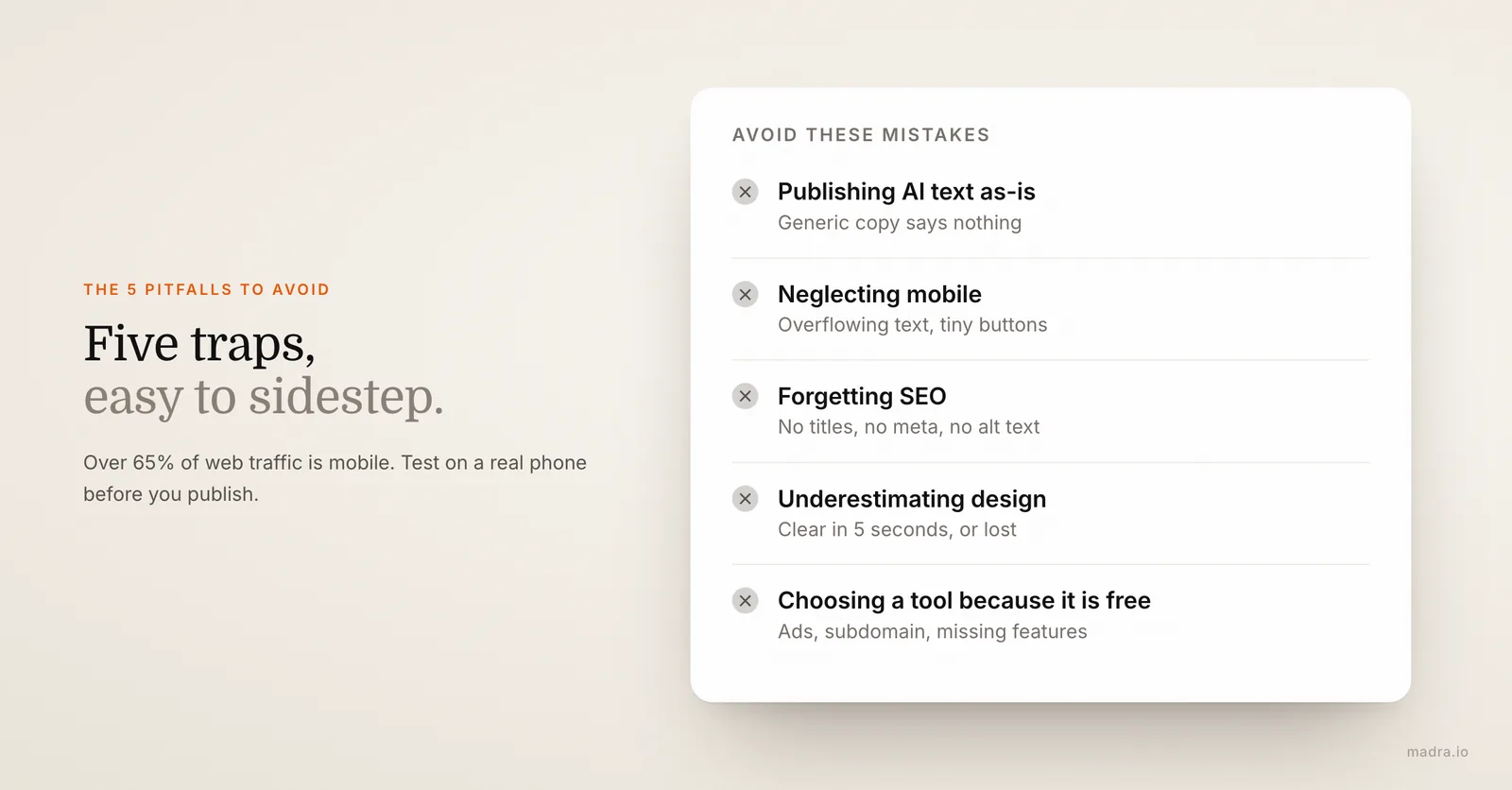 The 5 pitfalls when creating a website with AI: raw AI copy, poor mobile, missing SEO, weak design, picking a free tool