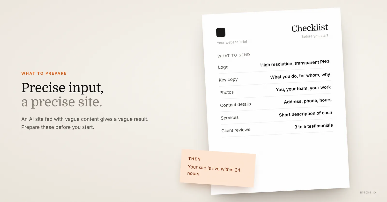 Checklist of what to prepare before creating a website with AI: logo, key copy, photos, contact details, services and reviews