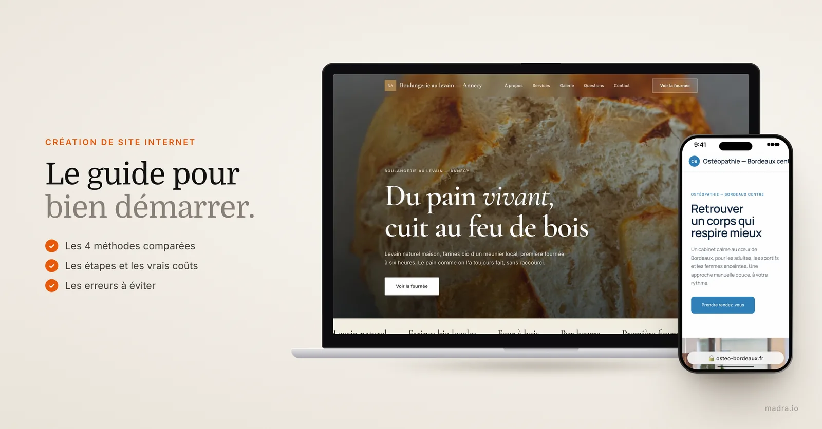 Site de boulangerie sur ordinateur et site d'ostéopathe sur iPhone, créés par madra : guide de la création de site internet