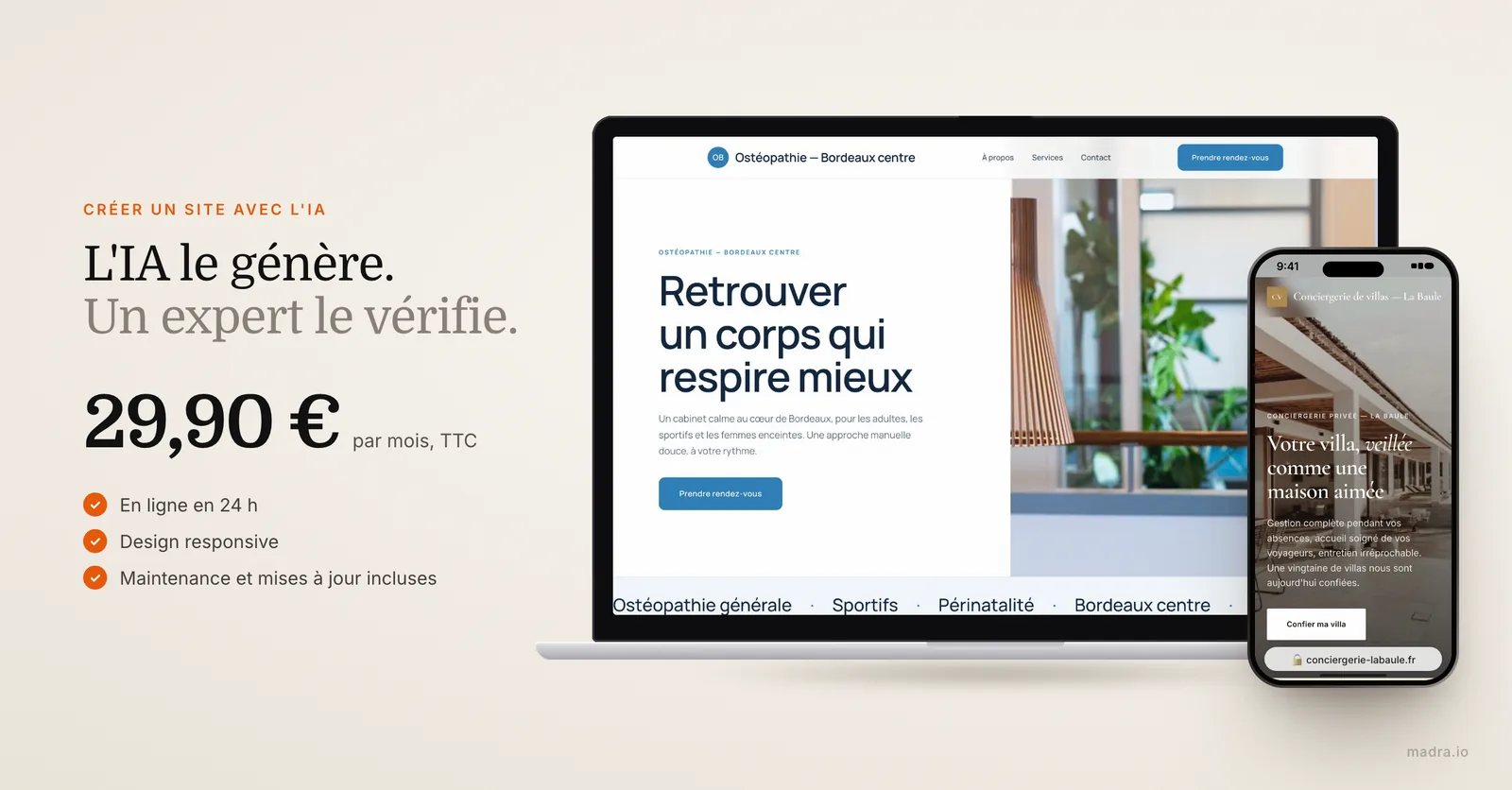 Site d'ostéopathe sur ordinateur et de conciergerie sur iPhone, créés avec l'intelligence artificielle par madra