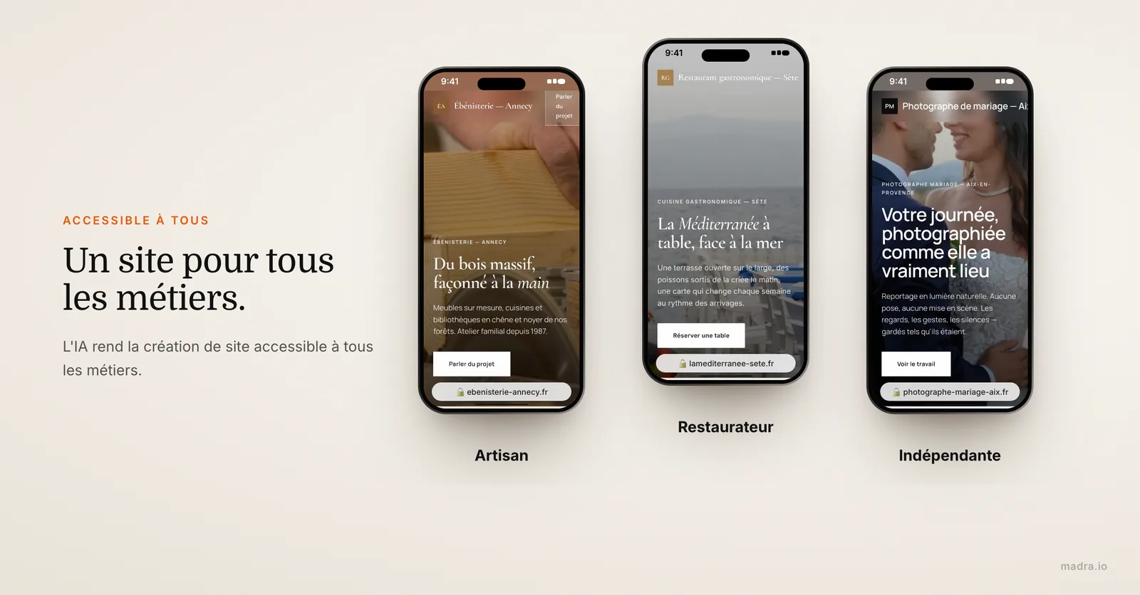 Trois sites créés par IA sur iPhone pour un artisan, un restaurateur et une photographe