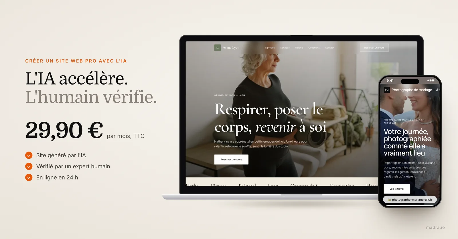 Site de studio de yoga sur ordinateur et de photographe sur iPhone : créer un site web professionnel avec l'IA