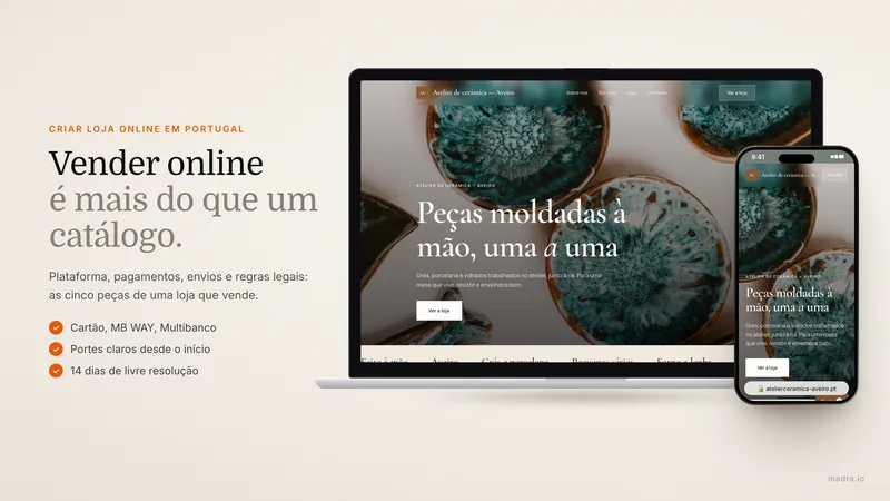 Loja online de cerâmica de Aveiro em MacBook e iPhone, com catálogo de produtos