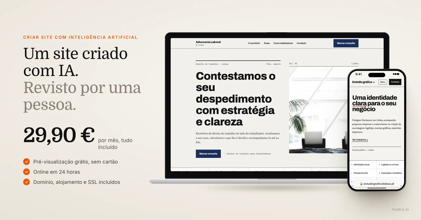 Site de advogado em Lisboa num MacBook e site de estúdio de design num iPhone, criados com inteligência artificial e revistos
