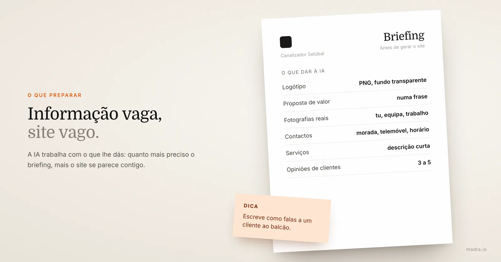 Folha de briefing para criar um site com IA: logótipo, proposta de valor, fotografias reais, contactos, serviços e opiniões