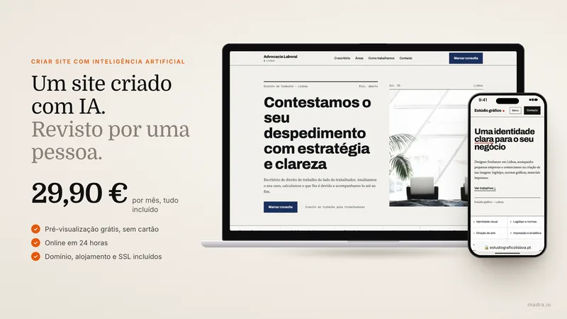 Site profissional criado com inteligência artificial, mostrado num MacBook e num iPhone