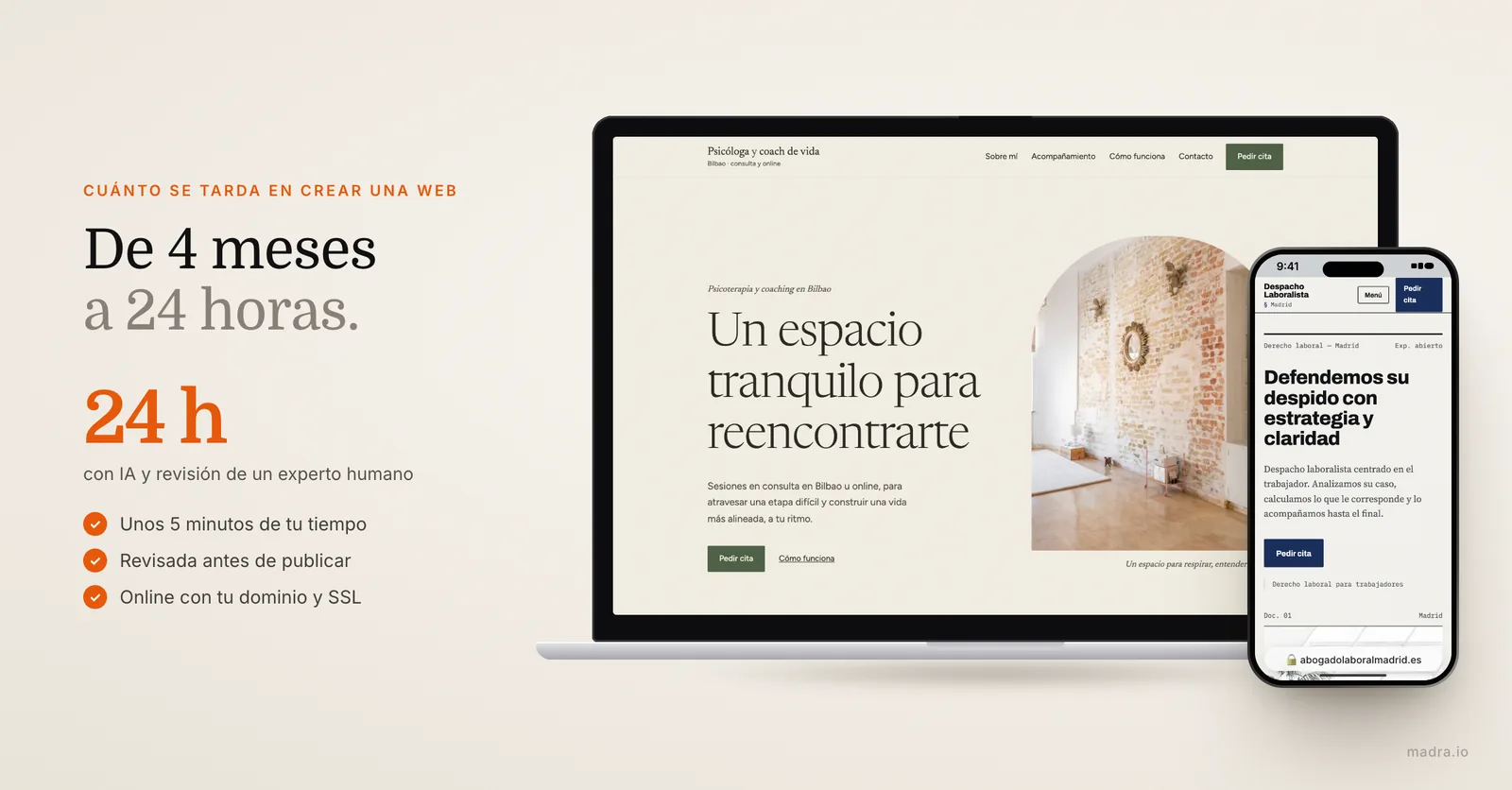 Web de psicóloga en un portátil y web de abogado en un iPhone, online en 24 horas en lugar de meses
