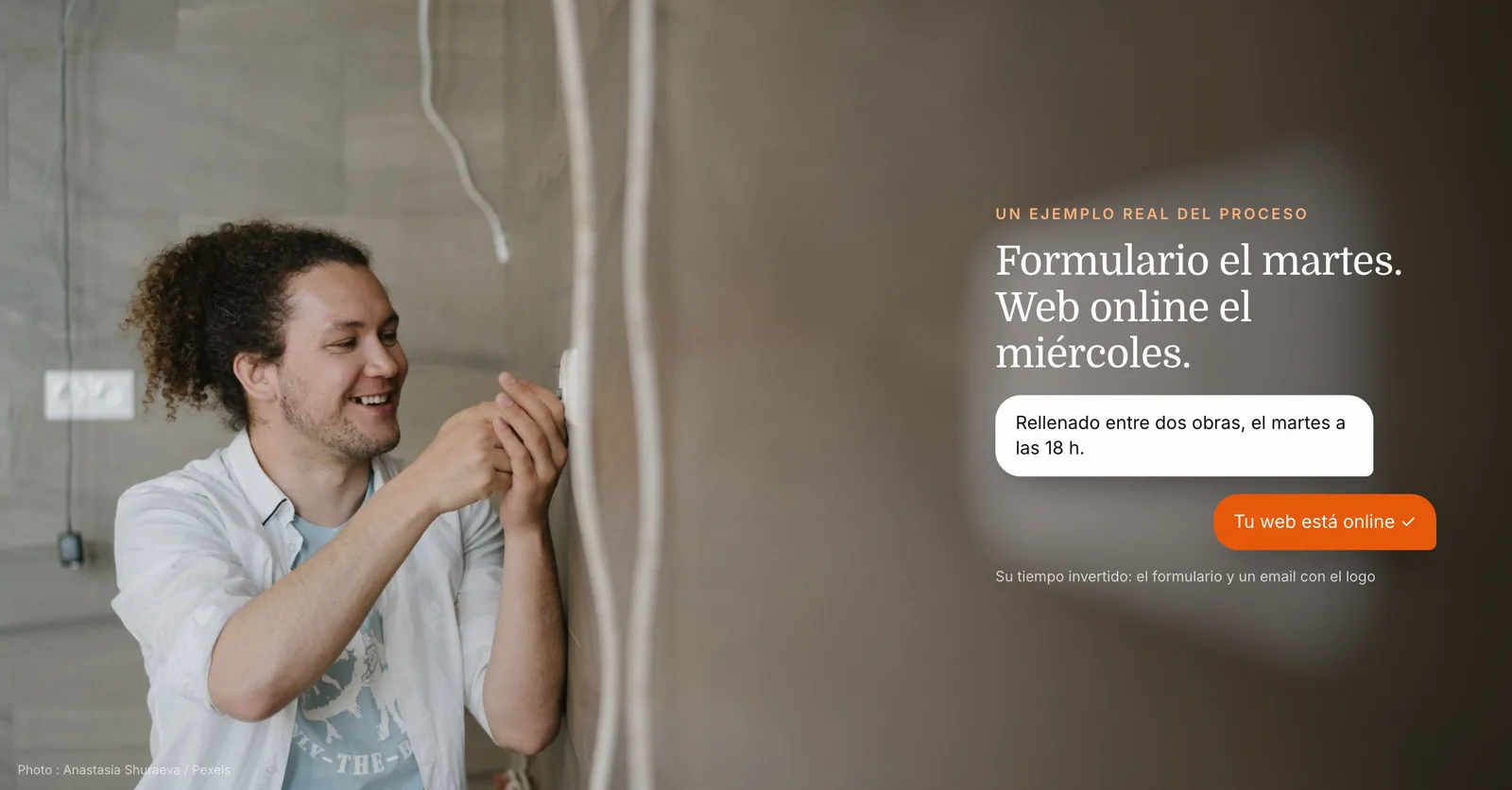 Electricista instalando un enchufe, con mensajes: formulario rellenado el martes y web profesional online al día siguiente