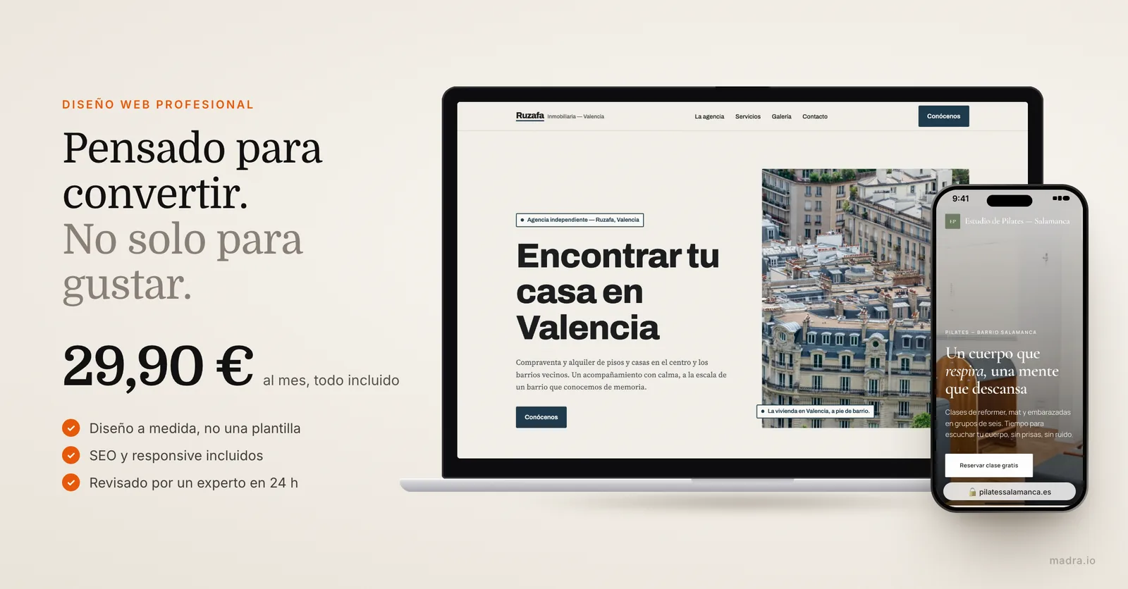 Diseño web profesional de una inmobiliaria en un portátil y de un estudio de pilates en un iPhone, a medida desde 29,90 €/mes